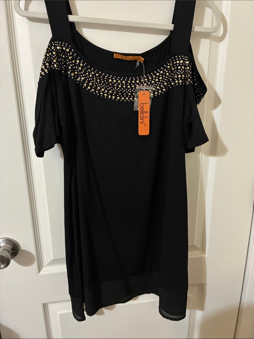 Belldini Black Cold-Shoulder Tunic with Gold Stud Accents